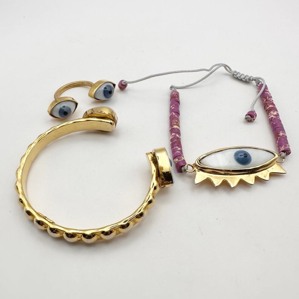 Evil Eye Ring Bracelet Jewelry Set Cuff Bohemian Boho Gold tone Blue White Lot